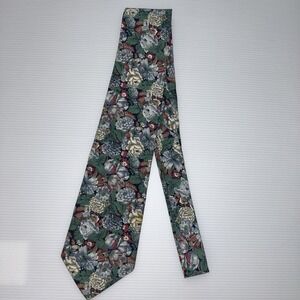 Vintage Rooster Floral Necktie Green Pink Roses Botanical Floral‎ Cotton